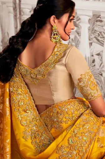 Soft silk mustard shaded resham & zari embroidery  viscose tissue saree with unstitched blouse
