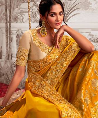 Soft silk mustard shaded resham & zari embroidery  viscose tissue saree with unstitched blouse 3