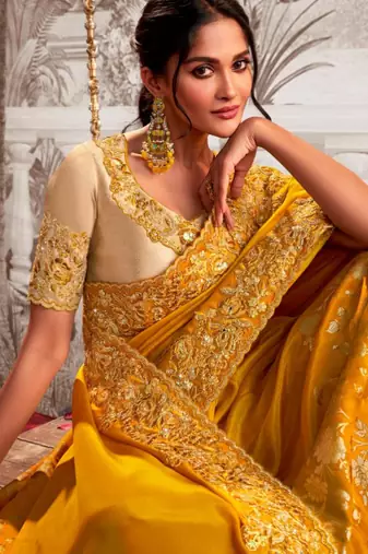 Soft silk mustard shaded resham & zari embroidery  viscose tissue saree with unstitched blouse