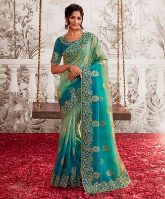 Celebrity type rama shaded multi work  viscose tissue saree with unstitched blouse 1