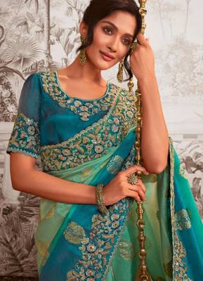 Celebrity type rama shaded multi work  viscose tissue saree with unstitched blouse 2