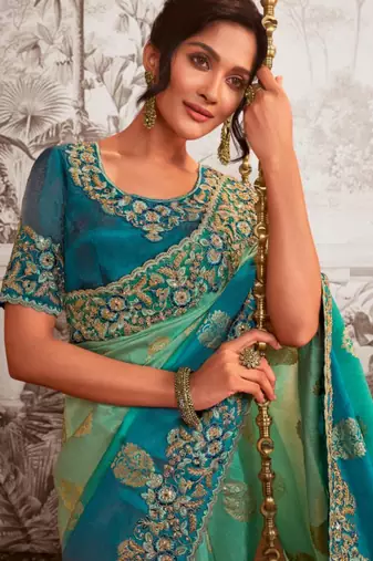 Celebrity type rama shaded multi work  viscose tissue saree with unstitched blouse