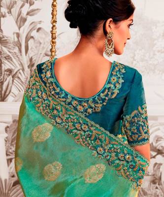 Celebrity type rama shaded multi work  viscose tissue saree with unstitched blouse 3