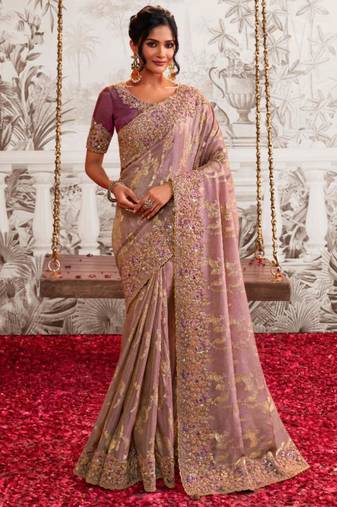 Floral onion pink multi thread work  viscose tissue saree with unstitched blouse
