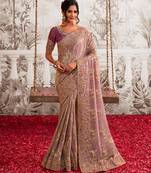 Floral onion pink multi thread work  viscose tissue saree with unstitched blouse