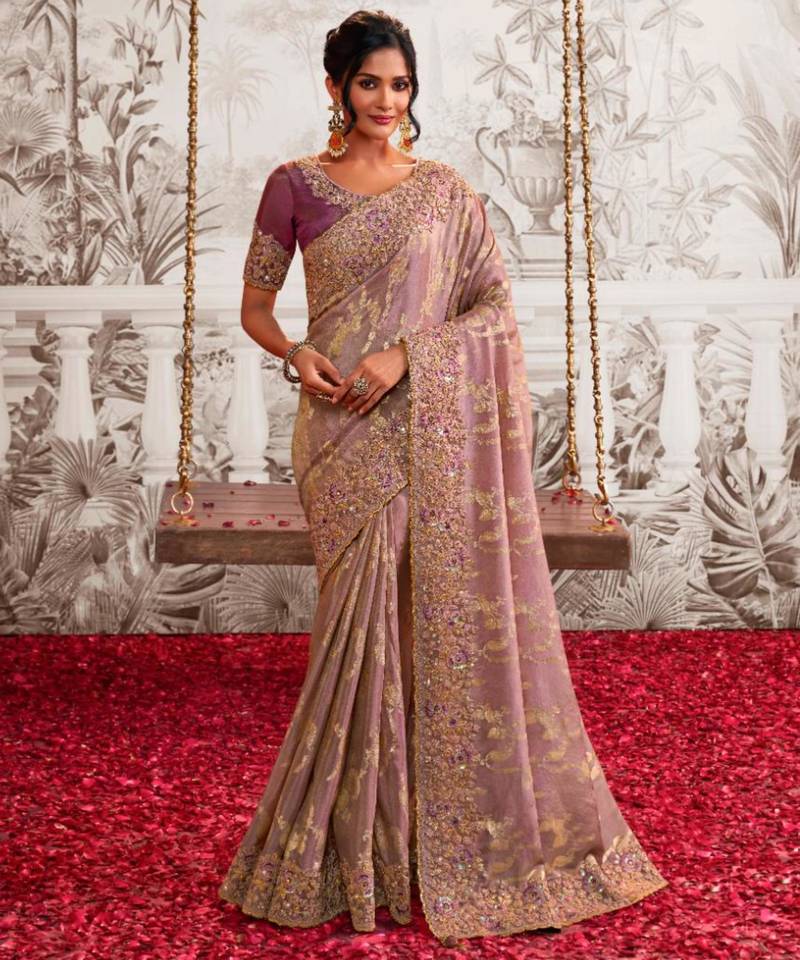 Floral onion pink multi thread work  viscose tissue saree with unstitched blouse
