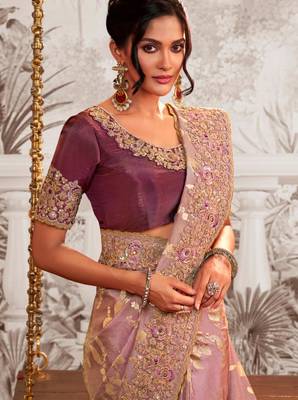 Floral onion pink multi thread work  viscose tissue saree with unstitched blouse 2