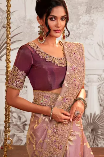 Floral onion pink multi thread work  viscose tissue saree with unstitched blouse
