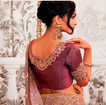 Floral onion pink multi thread work  viscose tissue saree with unstitched blouse 3