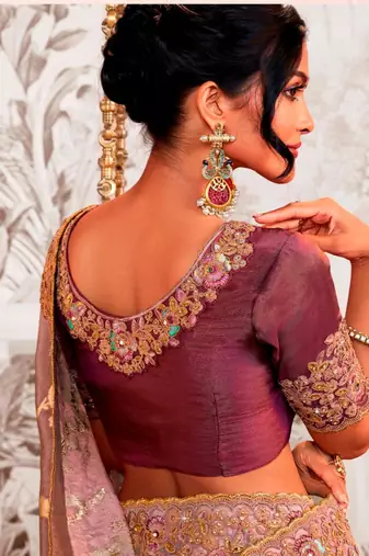 Floral onion pink multi thread work  viscose tissue saree with unstitched blouse