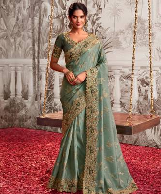 Embellished light green resham & zari embroidery  viscose tissue saree with unstitched blouse 1