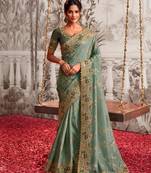 Embellished light green resham & zari embroidery  viscose tissue saree with unstitched blouse