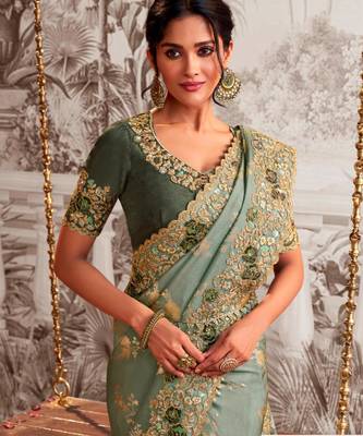 Embellished light green resham & zari embroidery  viscose tissue saree with unstitched blouse 2