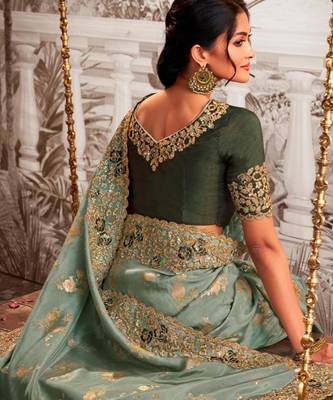 Embellished light green resham & zari embroidery  viscose tissue saree with unstitched blouse 3