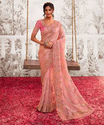 Ethnic pink multi work  viscose tissue saree with unstitched blouse 1