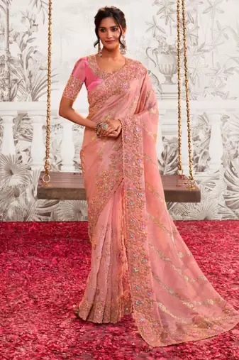 Ethnic pink multi work  viscose tissue saree with unstitched blouse