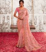 Ethnic pink multi work  viscose tissue saree with unstitched blouse