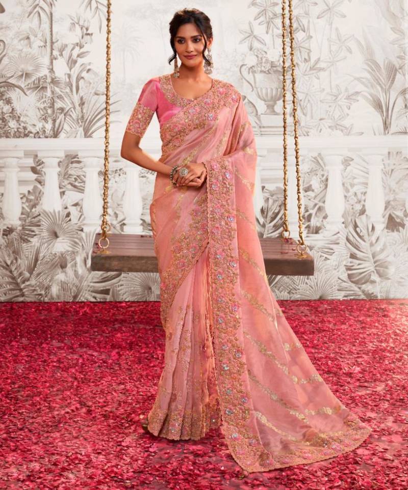 Ethnic pink multi work  viscose tissue saree with unstitched blouse