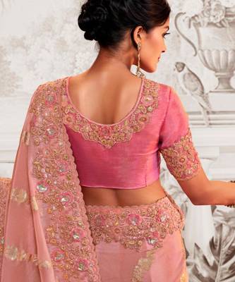 Ethnic pink multi work  viscose tissue saree with unstitched blouse 2