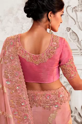 Ethnic pink multi work  viscose tissue saree with unstitched blouse
