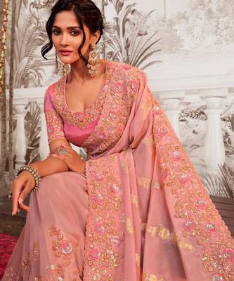 Ethnic pink multi work  viscose tissue saree with unstitched blouse 3