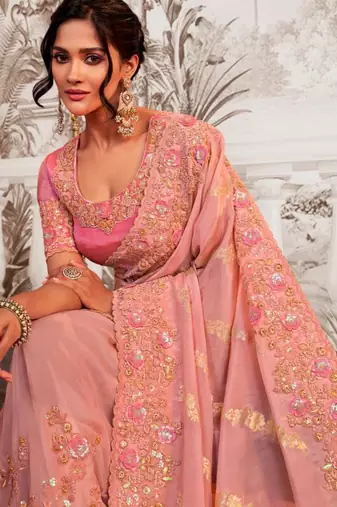 Ethnic pink multi work  viscose tissue saree with unstitched blouse
