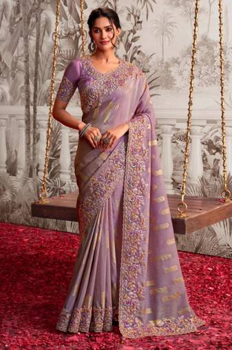  levender multi thread work  viscose tissue saree with unstitched blouse