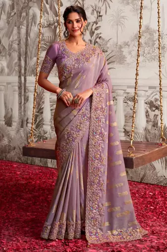 levender multi thread work  viscose tissue saree with unstitched blouse