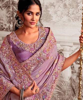  levender multi thread work  viscose tissue saree with unstitched blouse 2