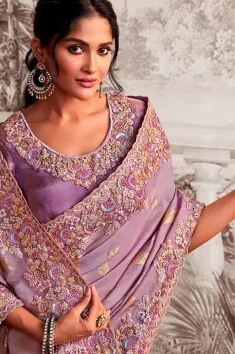  levender multi thread work  viscose tissue saree with unstitched blouse