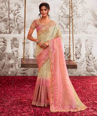 pink shaded resham & zari embroidery  viscose tissue saree with unstitched blouse 1