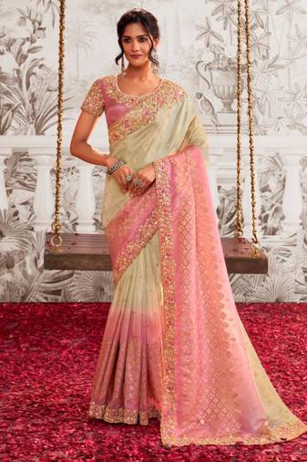  pink shaded resham & zari embroidery  viscose tissue saree with unstitched blouse
