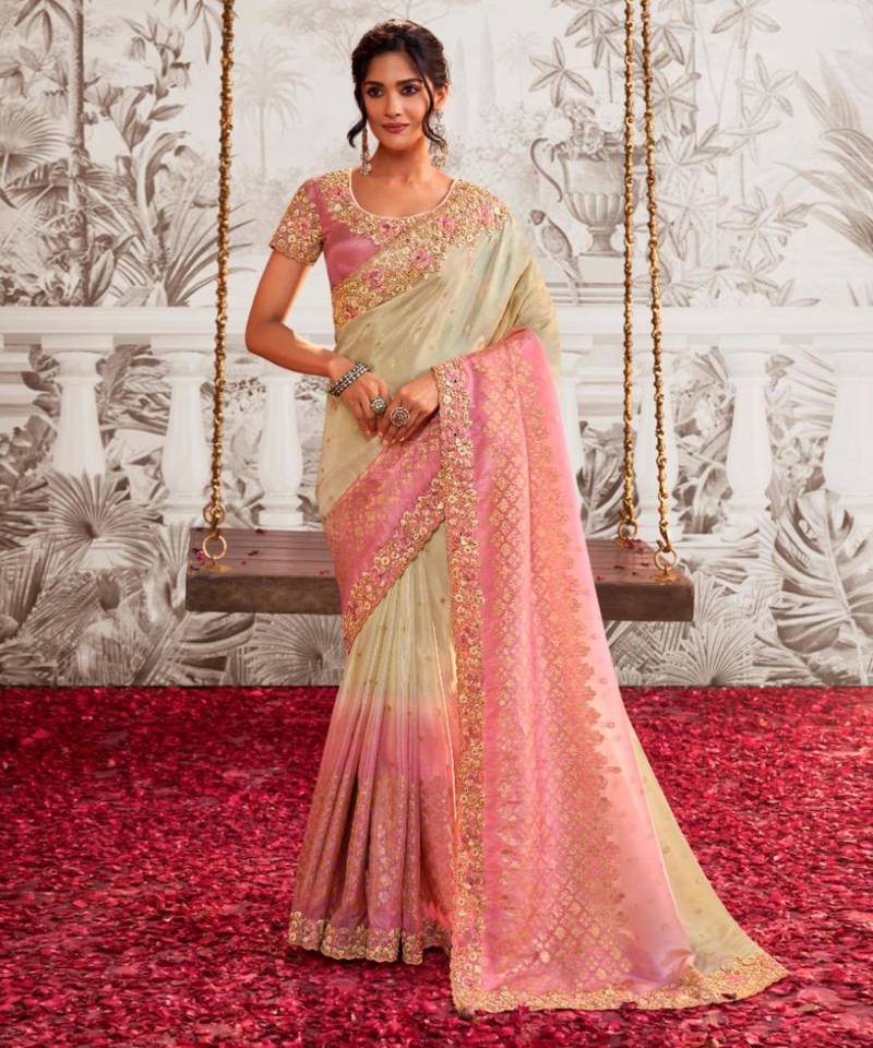  pink shaded resham & zari embroidery  viscose tissue saree with unstitched blouse