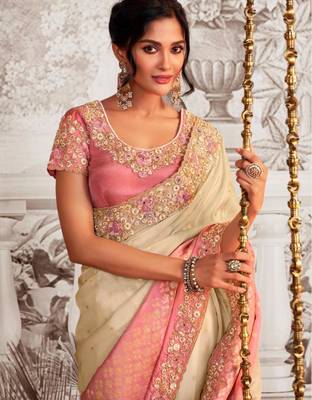  pink shaded resham & zari embroidery  viscose tissue saree with unstitched blouse 2