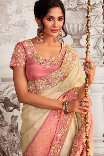  pink shaded resham & zari embroidery  viscose tissue saree with unstitched blouse