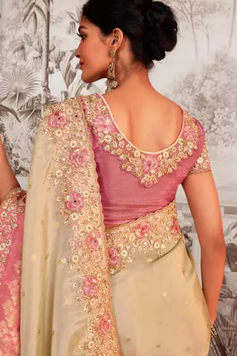  pink shaded resham & zari embroidery  viscose tissue saree with unstitched blouse