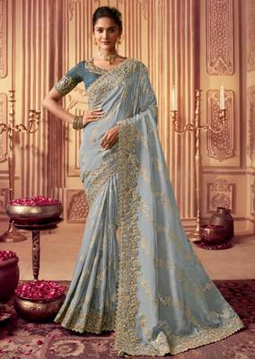 greyish blue multi work  viscose saree with unstitched blouse 1