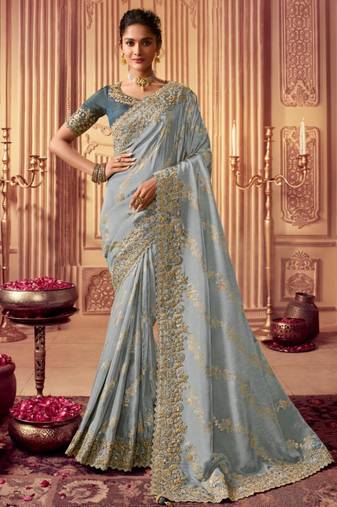 greyish blue multi work  viscose saree with unstitched blouse