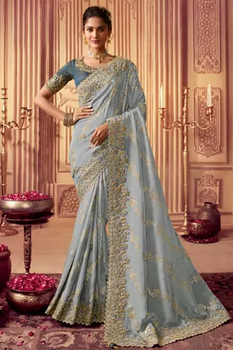 greyish blue multi work  viscose saree with unstitched blouse