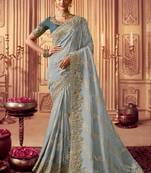 greyish blue multi work  viscose saree with unstitched blouse