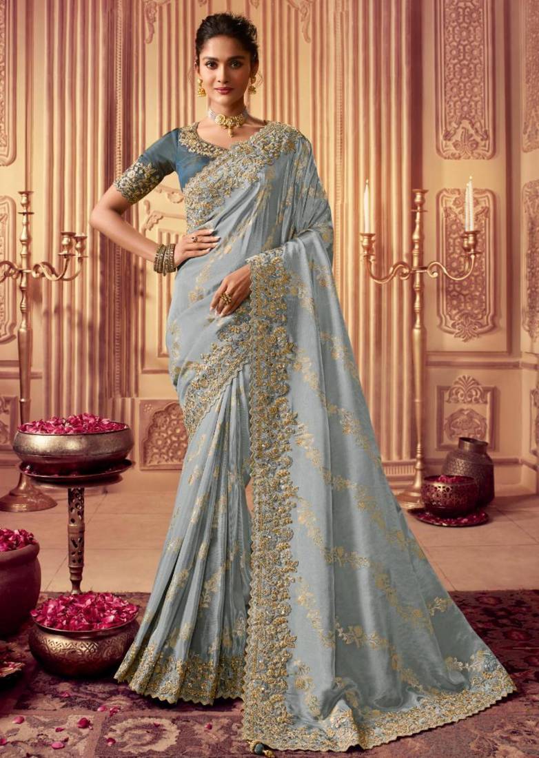 greyish blue multi work  viscose saree with unstitched blouse