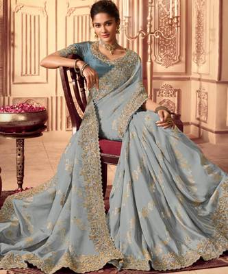 greyish blue multi work  viscose saree with unstitched blouse 2