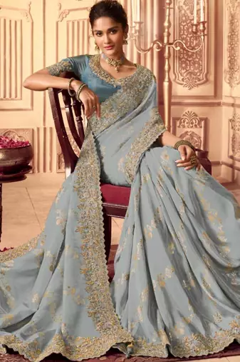 greyish blue multi work  viscose saree with unstitched blouse