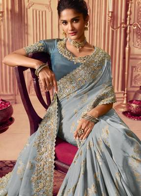 greyish blue multi work  viscose saree with unstitched blouse 3