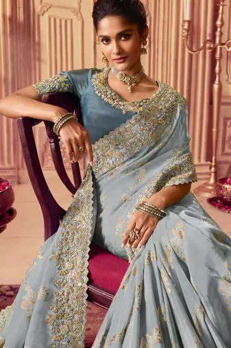 greyish blue multi work  viscose saree with unstitched blouse