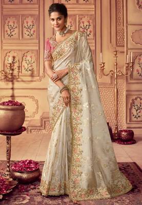  off white multi thread work  viscose saree with unstitched blouse 1