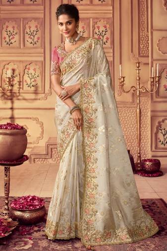  off white multi thread work  viscose saree with unstitched blouse