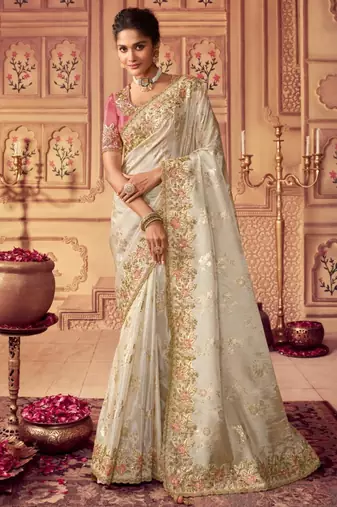  off white multi thread work  viscose saree with unstitched blouse