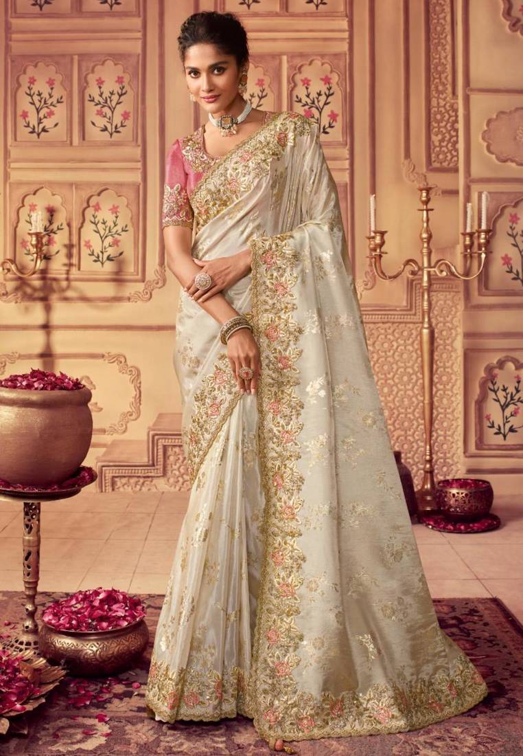  off white multi thread work  viscose saree with unstitched blouse