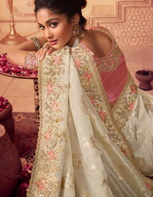  off white multi thread work  viscose saree with unstitched blouse 2